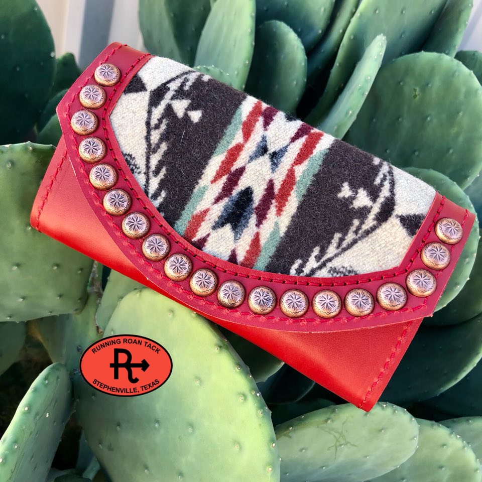 Red Leather Inlaid Wool Trifold Wallet with Dots 08042025-18