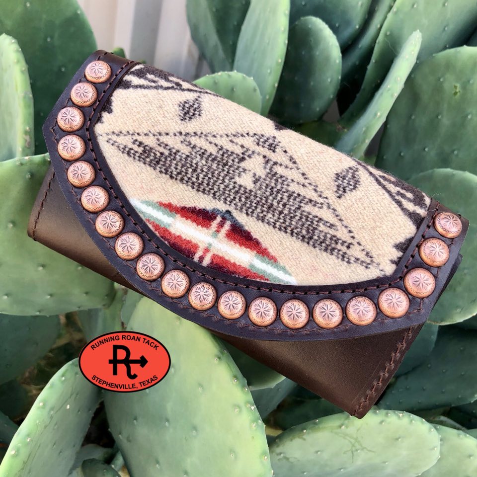 Chocolate Leather Inlaid Wool Trifold Wallet with Dots 08042025-03