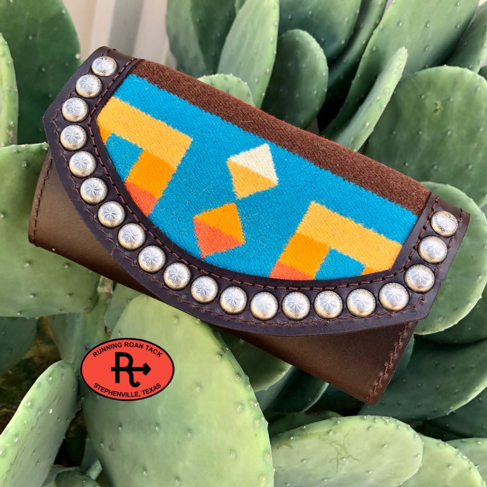 Chocolate Leather Inlaid Wool Trifold Wallet with Dots 08042025-04