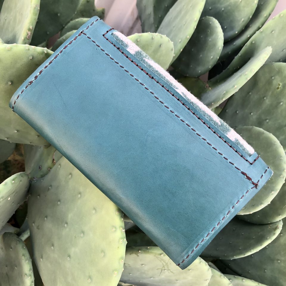 Teal Leather Inlaid Wool Trifold Wallet with Dots 08042025-14