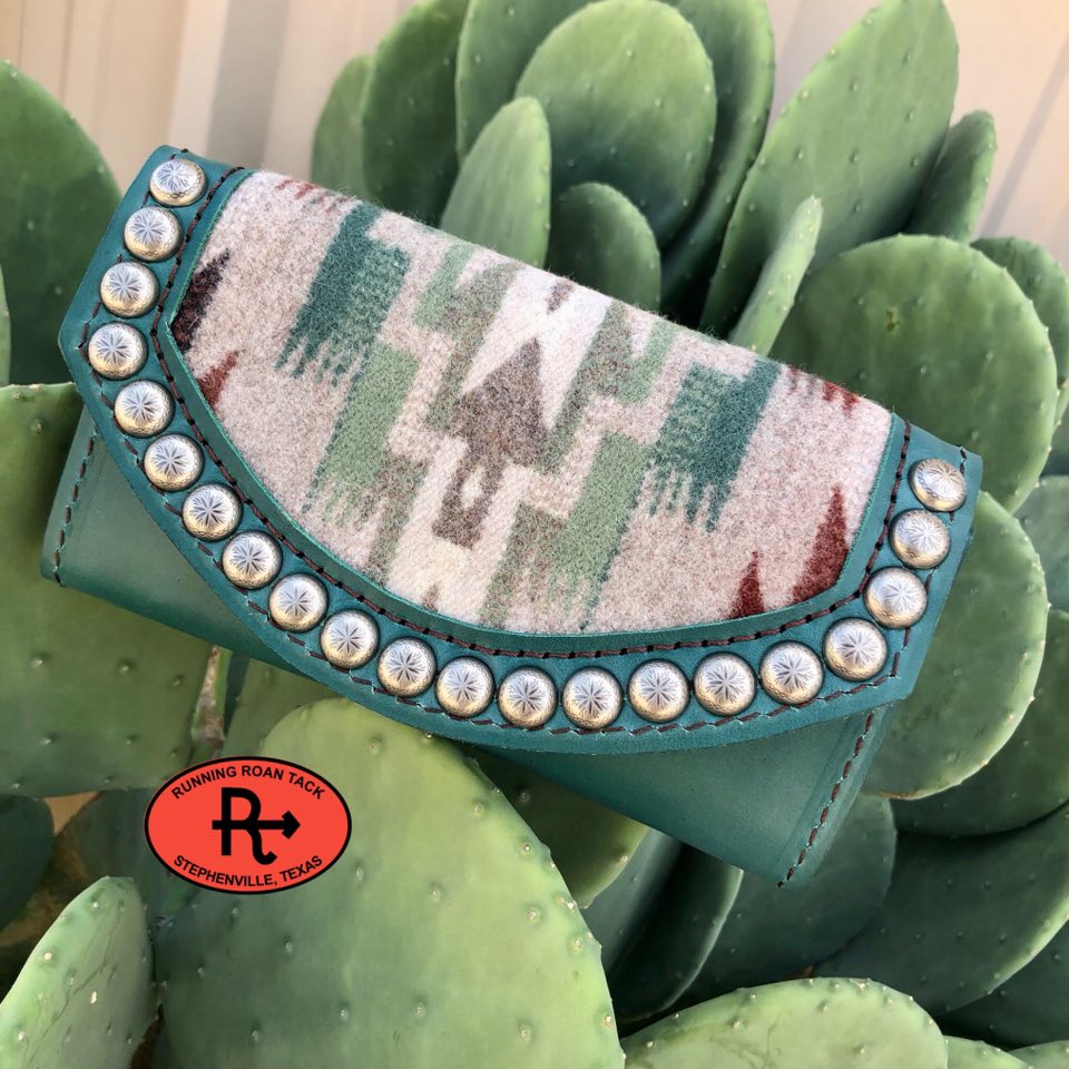 Teal Leather Inlaid Wool Trifold Wallet with Dots 08042025-13