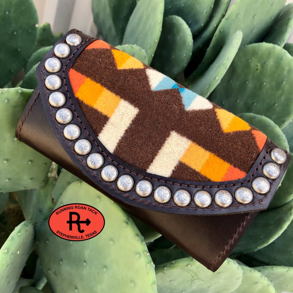 Chocolate Leather Inlaid Wool Trifold Wallet with Dots 08042025-07