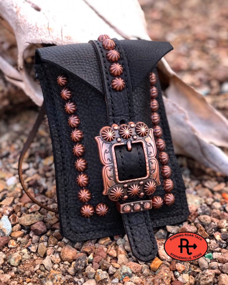 Black Leather Mini Saddle Bag with Large Copper Buckle for Phone, Keys, Roping Powder, etc