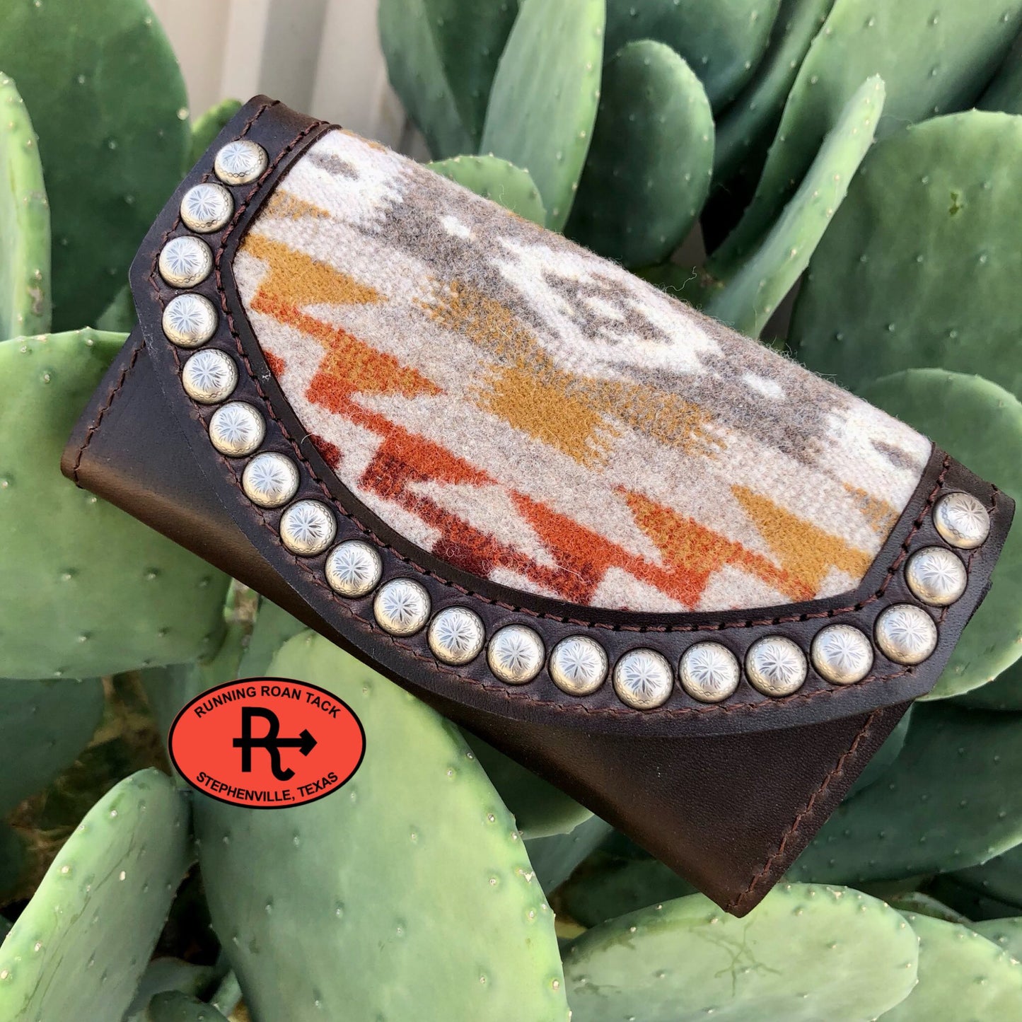 Chocolate Leather Inlaid Wool Trifold Wallet with Dots 08042025-05