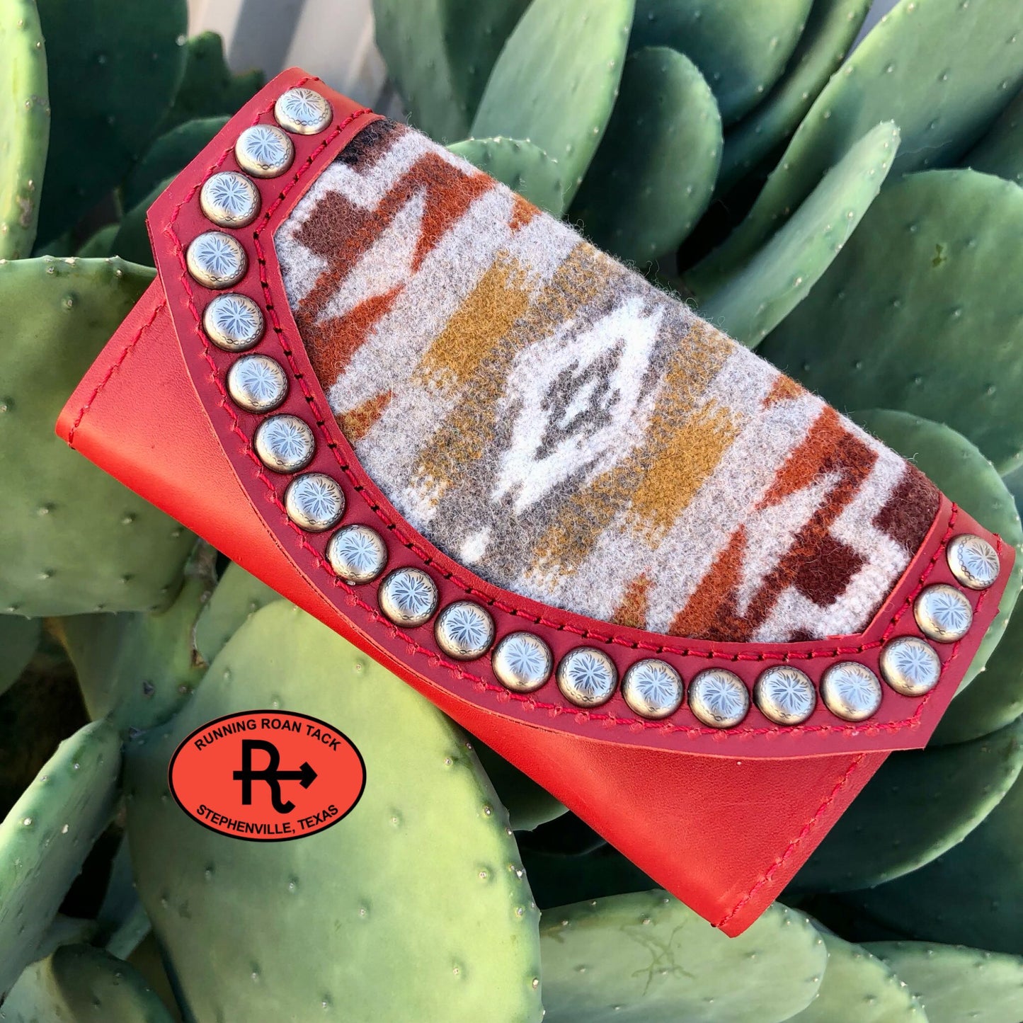 Red Leather Inlaid Wool Trifold Wallet with Dots 08042025-15