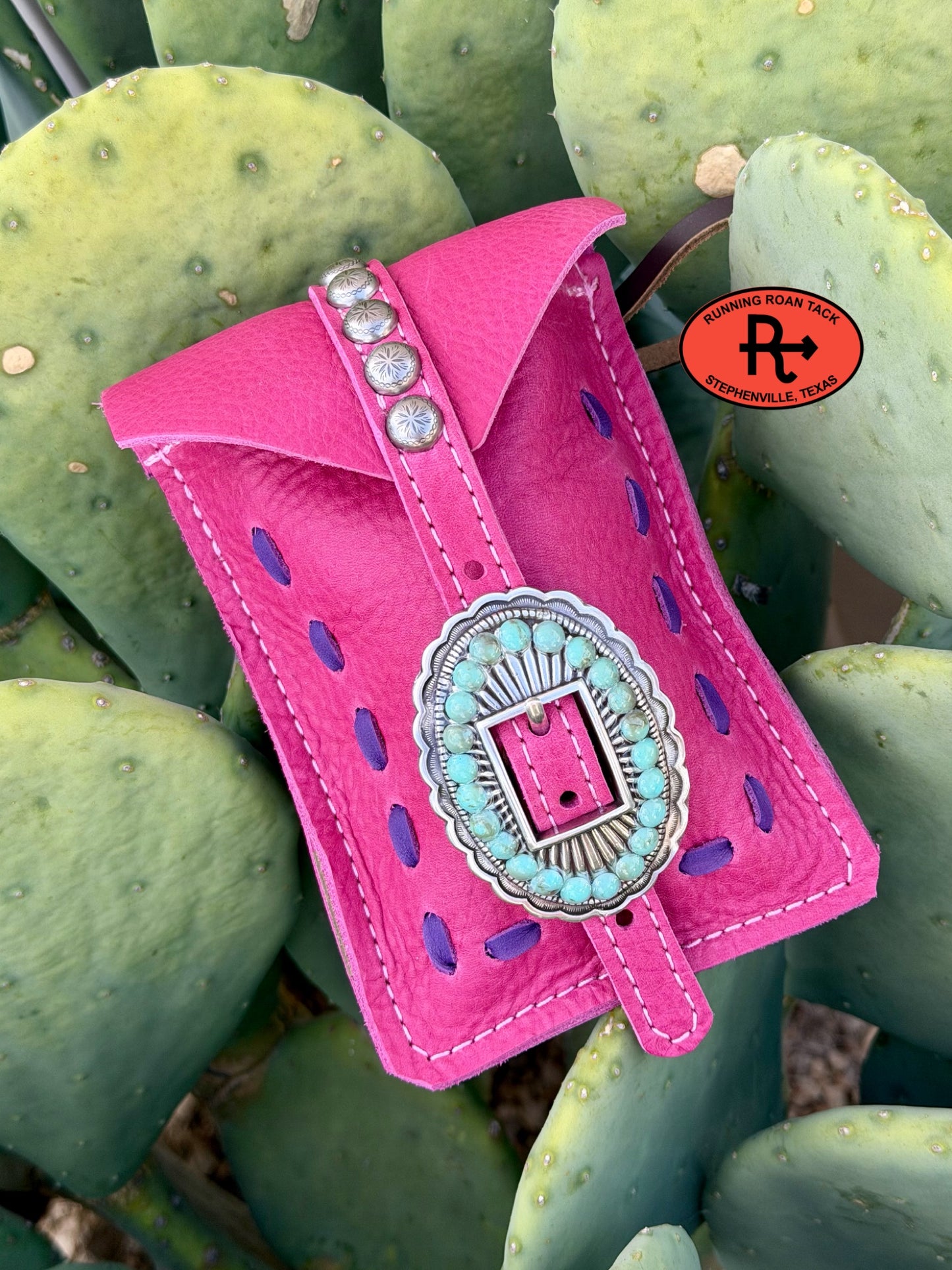 Pink Leather Mini Saddle Bag with Purple Pop Stitch and Turquoise Stone Buckle for Phone, Keys, Roping Powder, etc Minibag09072026-09