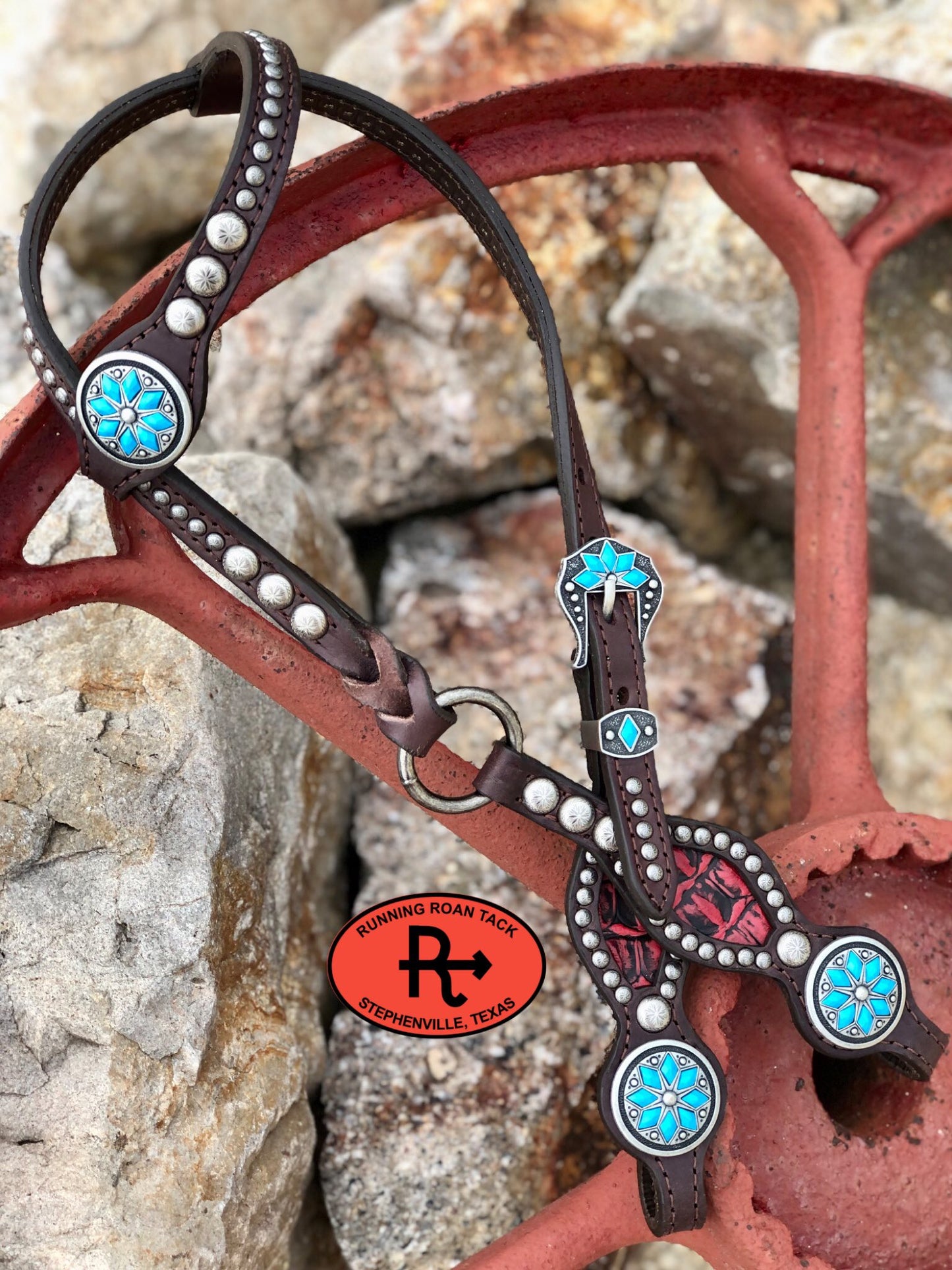 Inlaid Red Croc Headstall with Cactus Flower Hardware 36"-40" Headstall09012025-14
