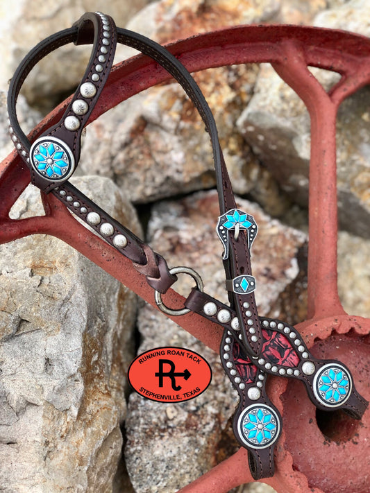 Inlaid Red Croc Headstall with Cactus Flower Hardware 36"-40" Headstall09012025-14