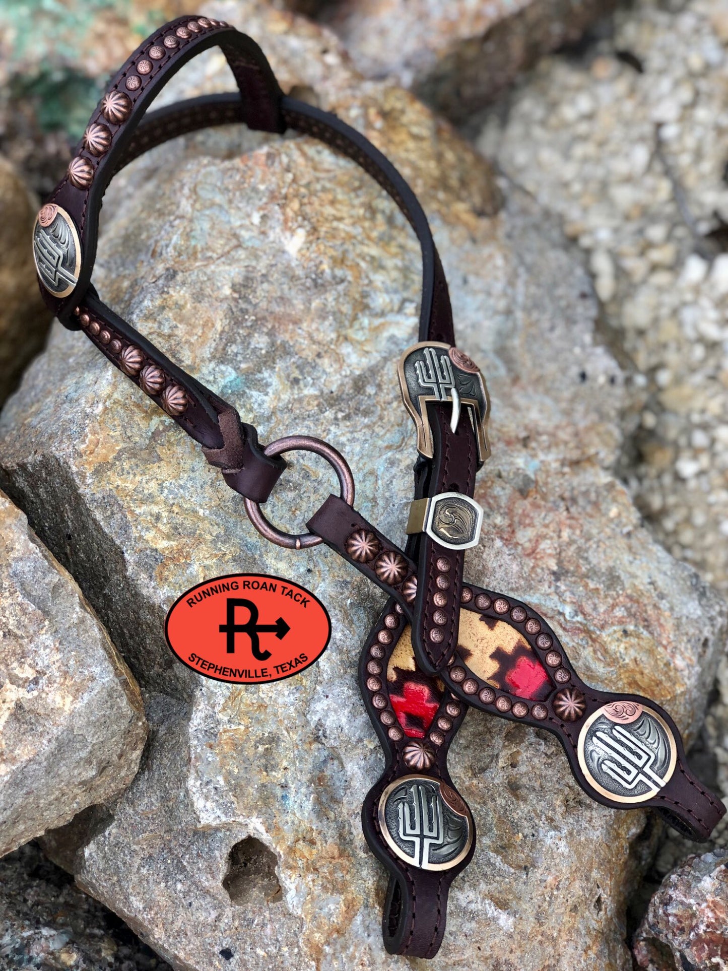 Inlaid Navajo Print Headstall with German Silver Cactus Hardware 34"-38" Headstall09012025-13