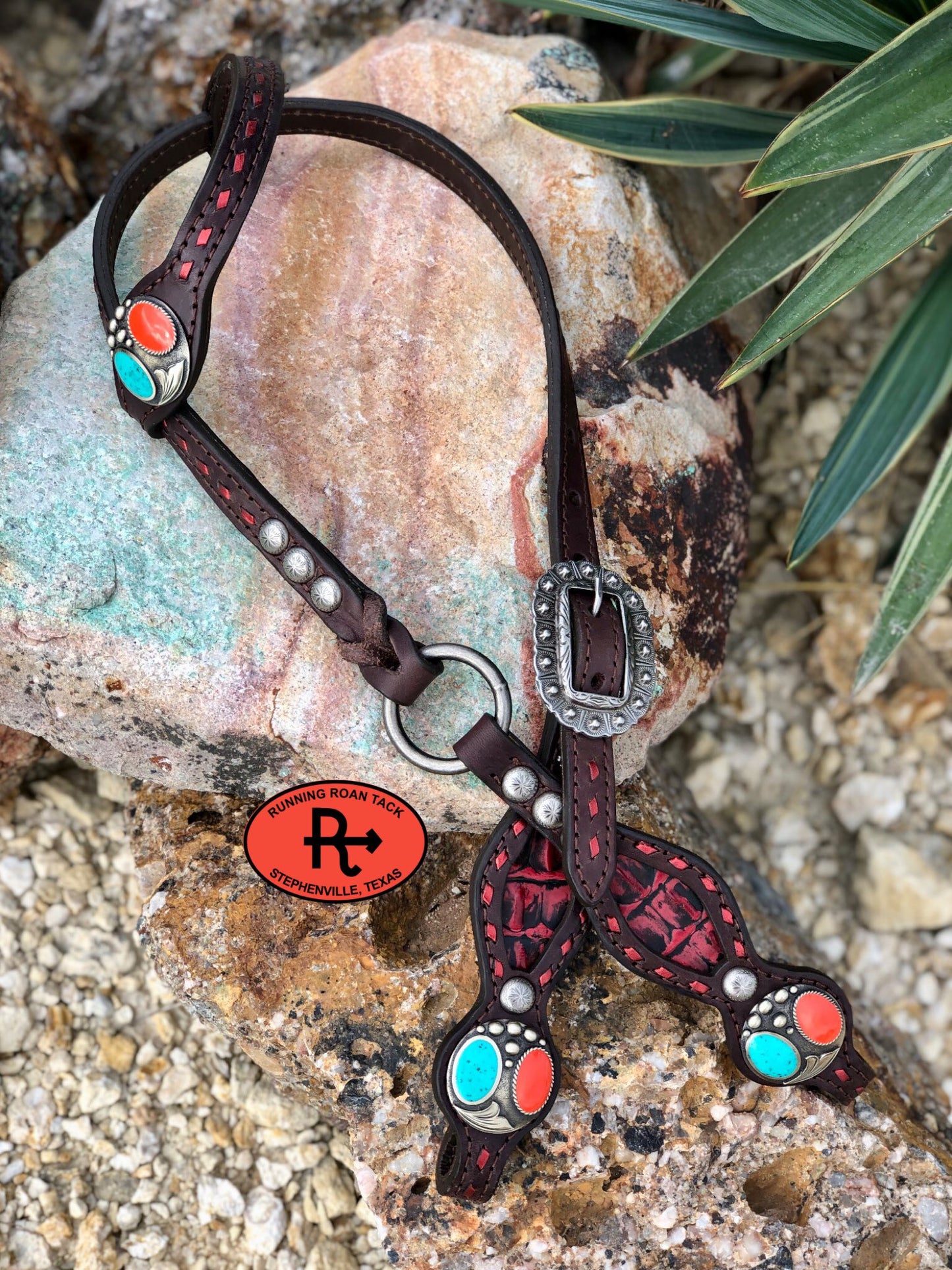 Inlaid Red Croc Headstall with Red Buckstitch and German Silver Hardware 37"-41" Headstall09012025-05