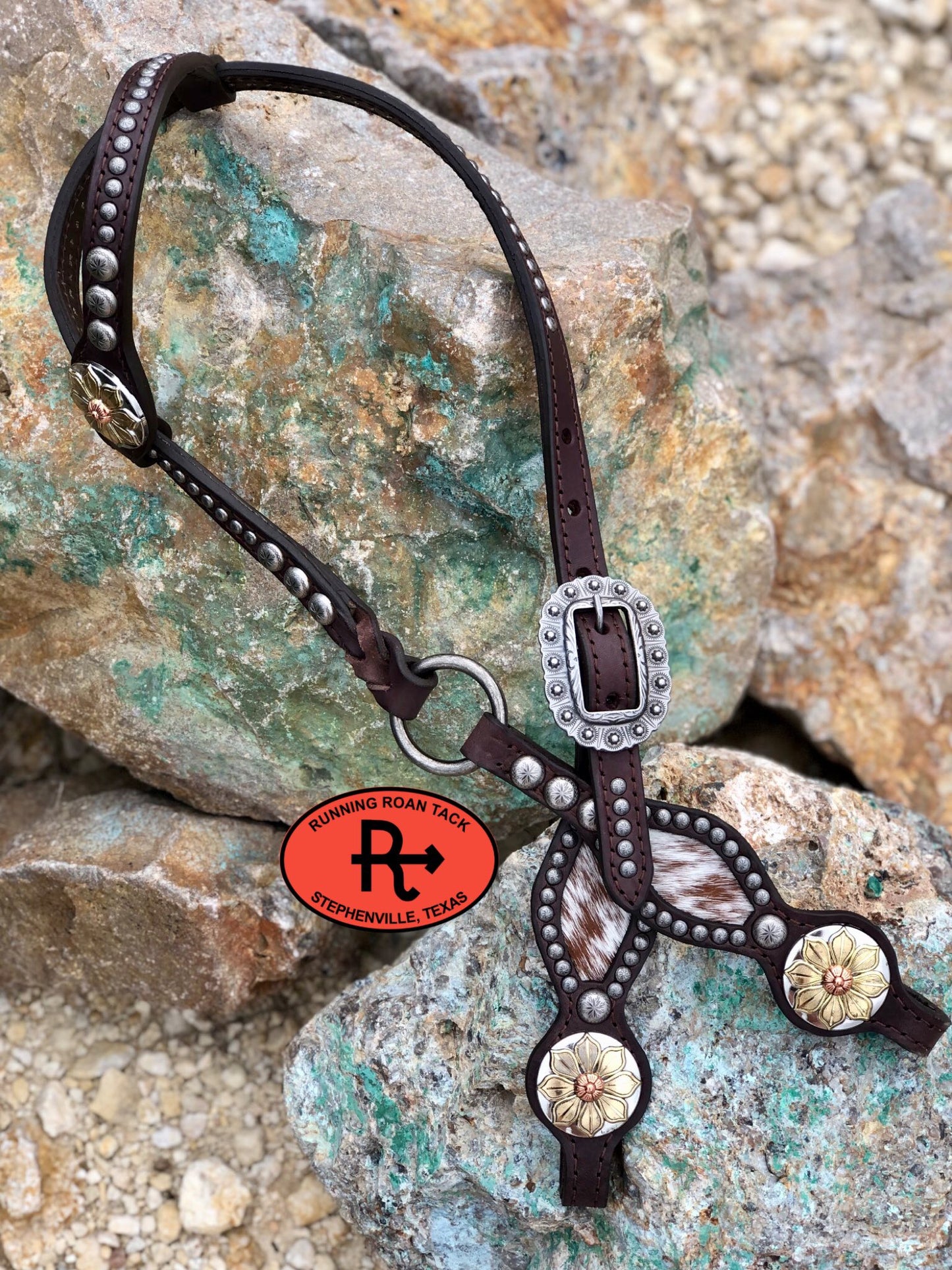 Inlaid Cowhide Headstall with Antique Silver Hardware 38"-42" Headstall09012025-08