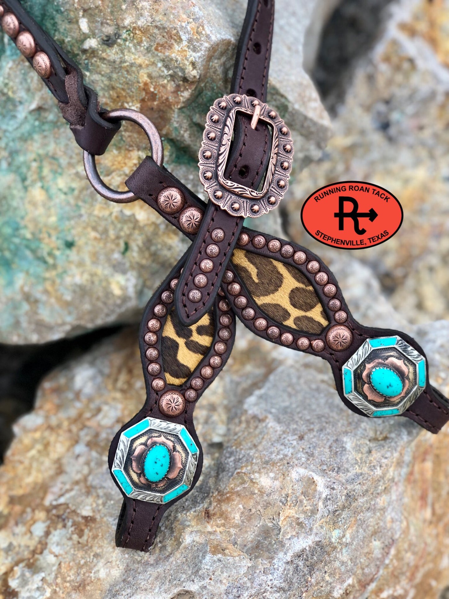 Inlaid Mustard Leopard Headstall with German Silver Hardware 33"-37" Headstall09012025-02