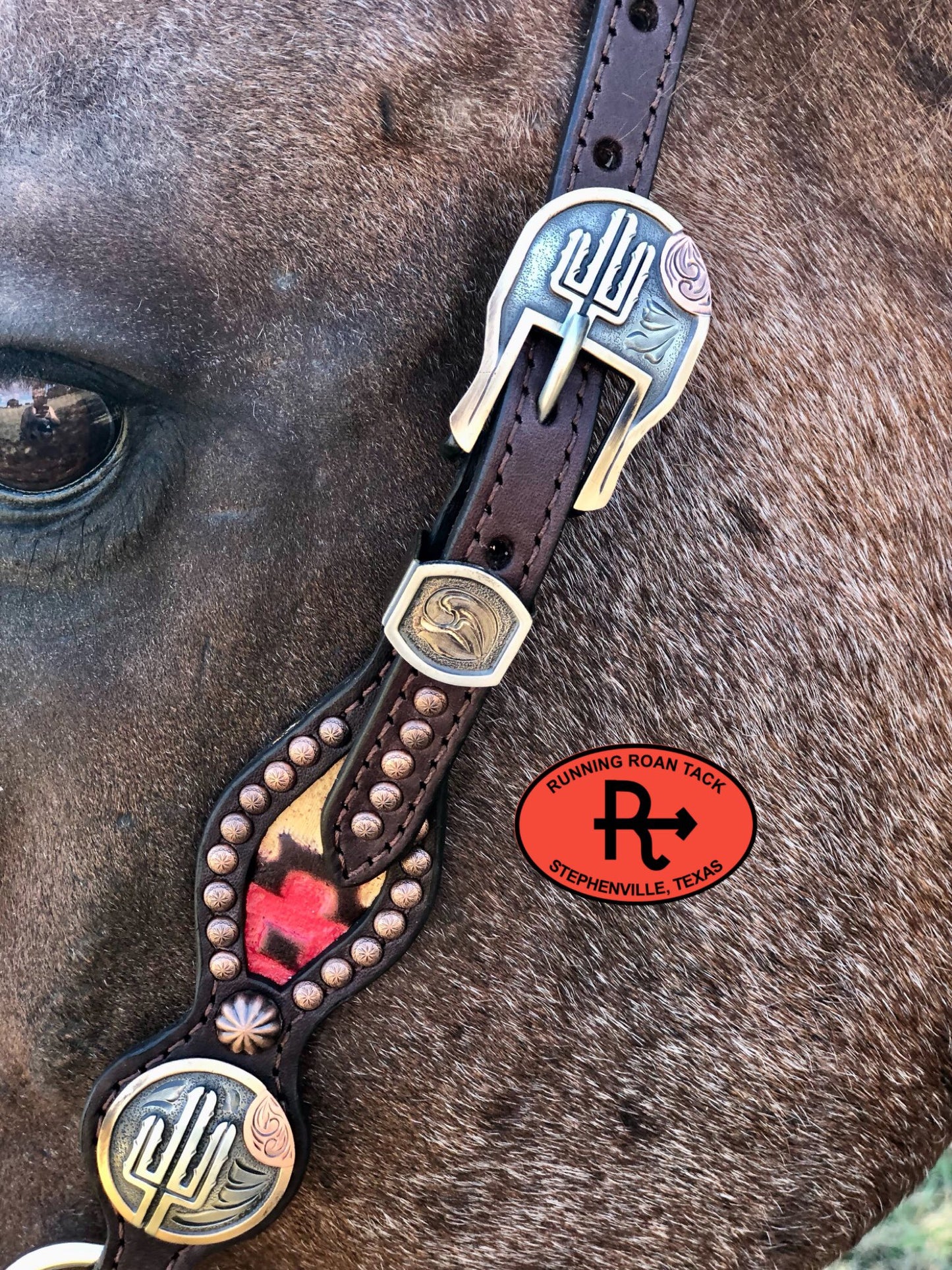Inlaid Navajo Print Headstall with German Silver Cactus Hardware 34"-38" Headstall09012025-13