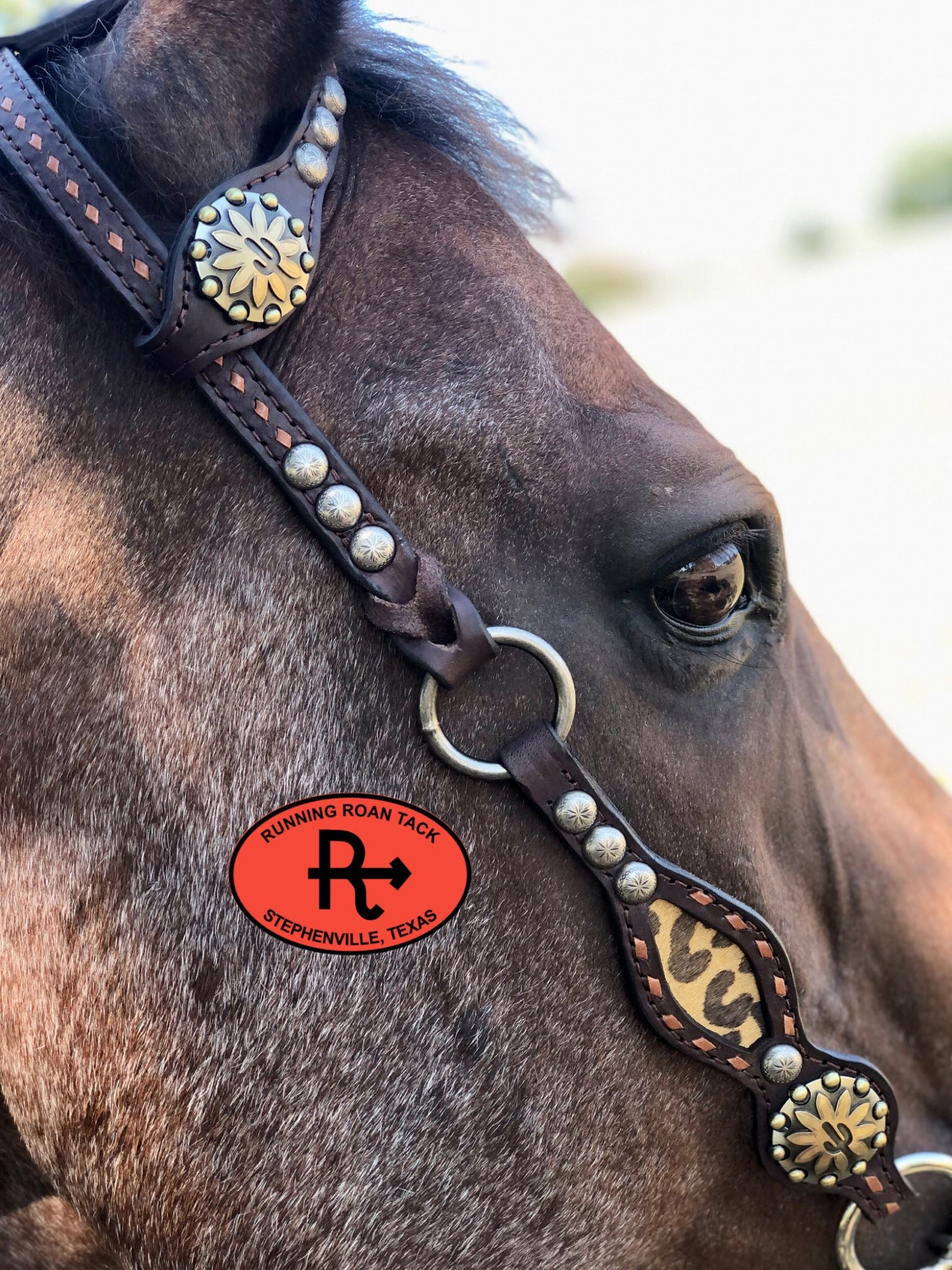 Inlaid Mustard Leopard Headstall with Brown Buckstitch and German Silver Hardware 38"-42" Headstall09012025-07