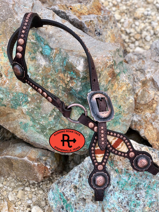 Single Ear Ring Headstall with Shonto Wheatlands Wool and Copper Hardware 36"-40" Headstall09012025-01