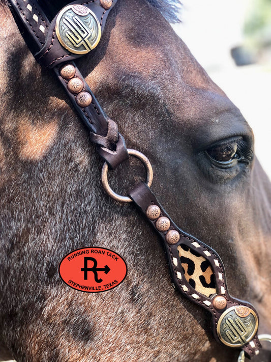 Inlaid Leopard Headstall with White Buckstitch and German Silver Hardware 34"-38" Headstall09012025-11