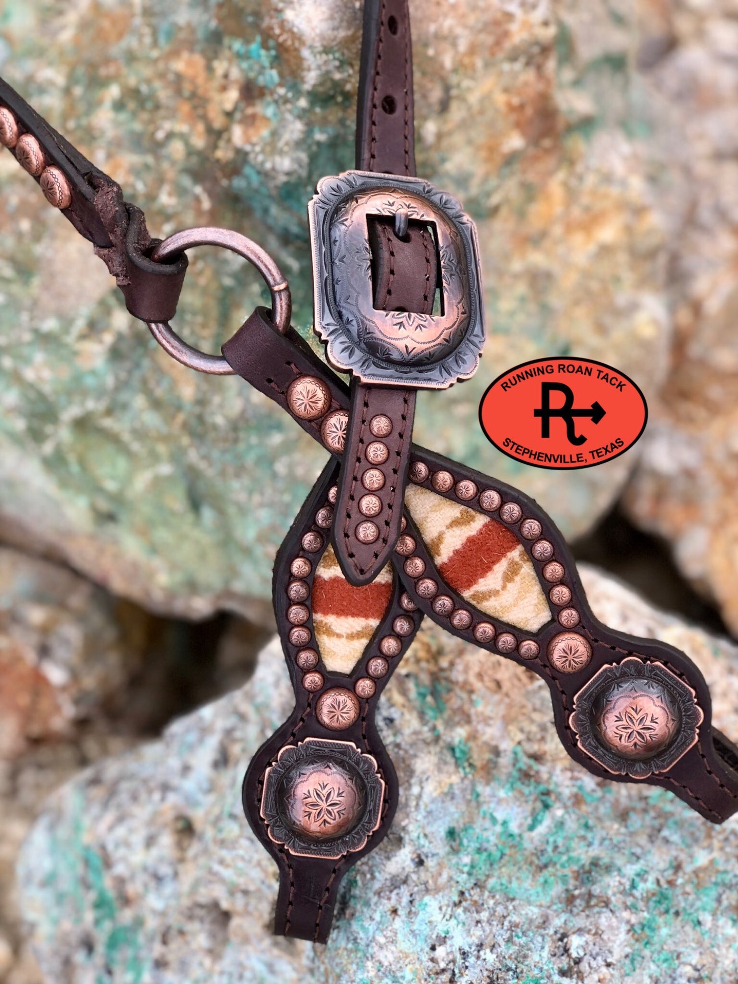 Single Ear Ring Headstall with Shonto Wheatlands Wool and Copper Hardware 36"-40" Headstall09012025-01