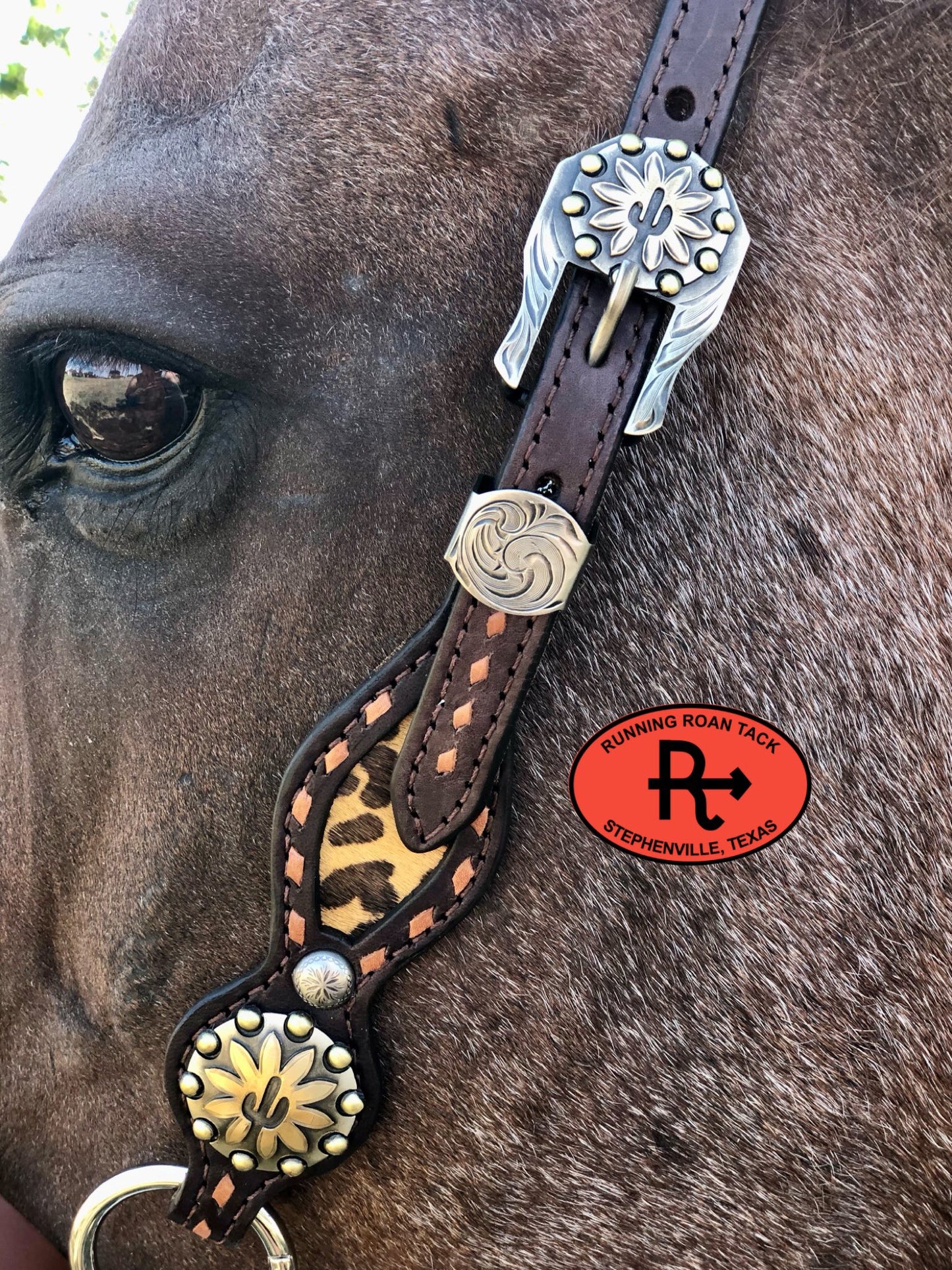 Inlaid Mustard Leopard Headstall with Brown Buckstitch and German Silver Hardware 38"-42" Headstall09012025-07