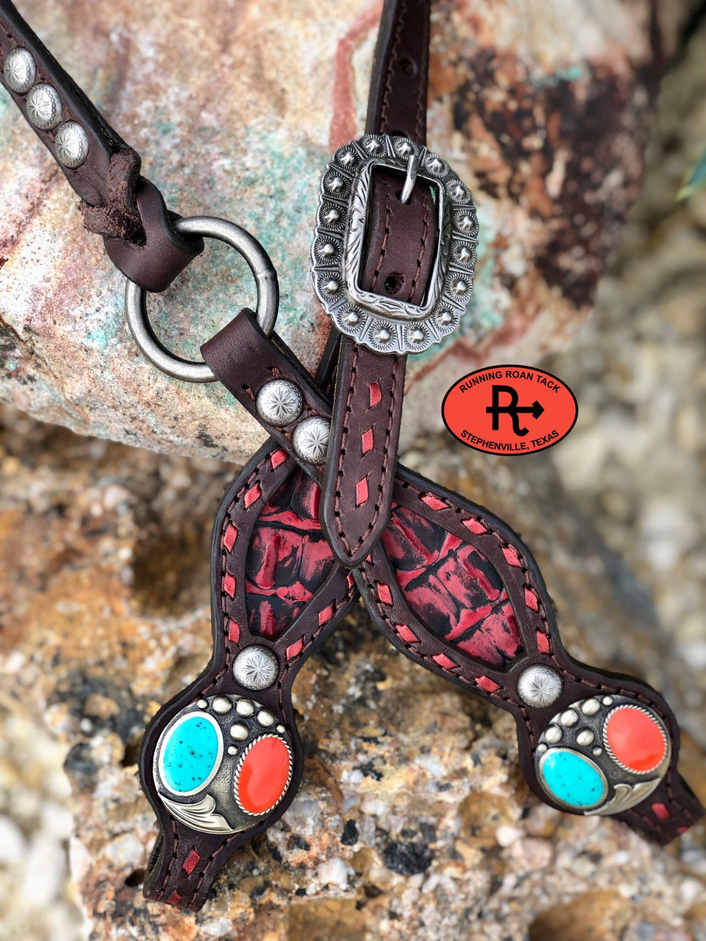 Inlaid Red Croc Headstall with Red Buckstitch and German Silver Hardware 37"-41" Headstall09012025-05