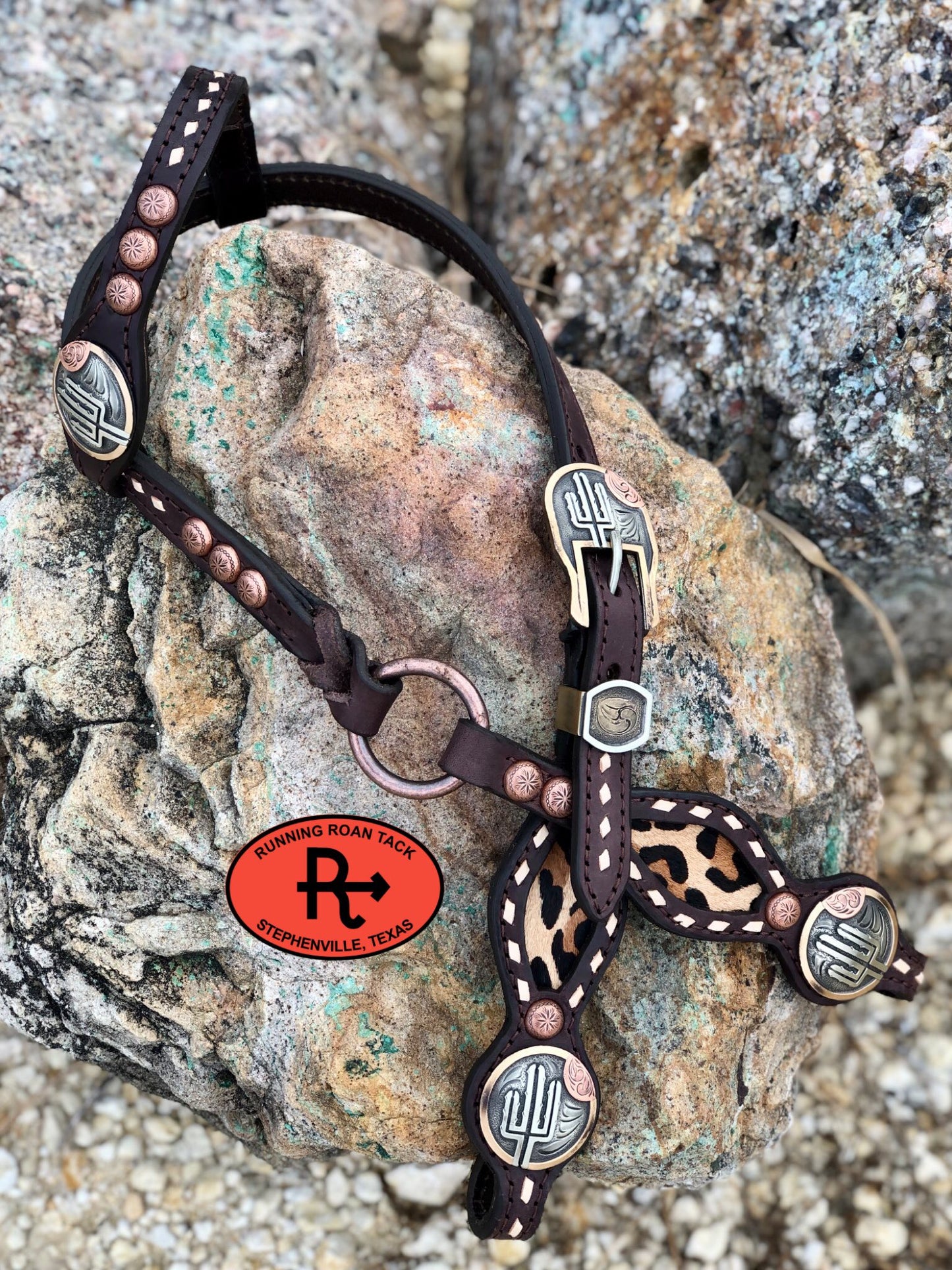 Inlaid Leopard Headstall with White Buckstitch and German Silver Hardware 34"-38" Headstall09012025-11