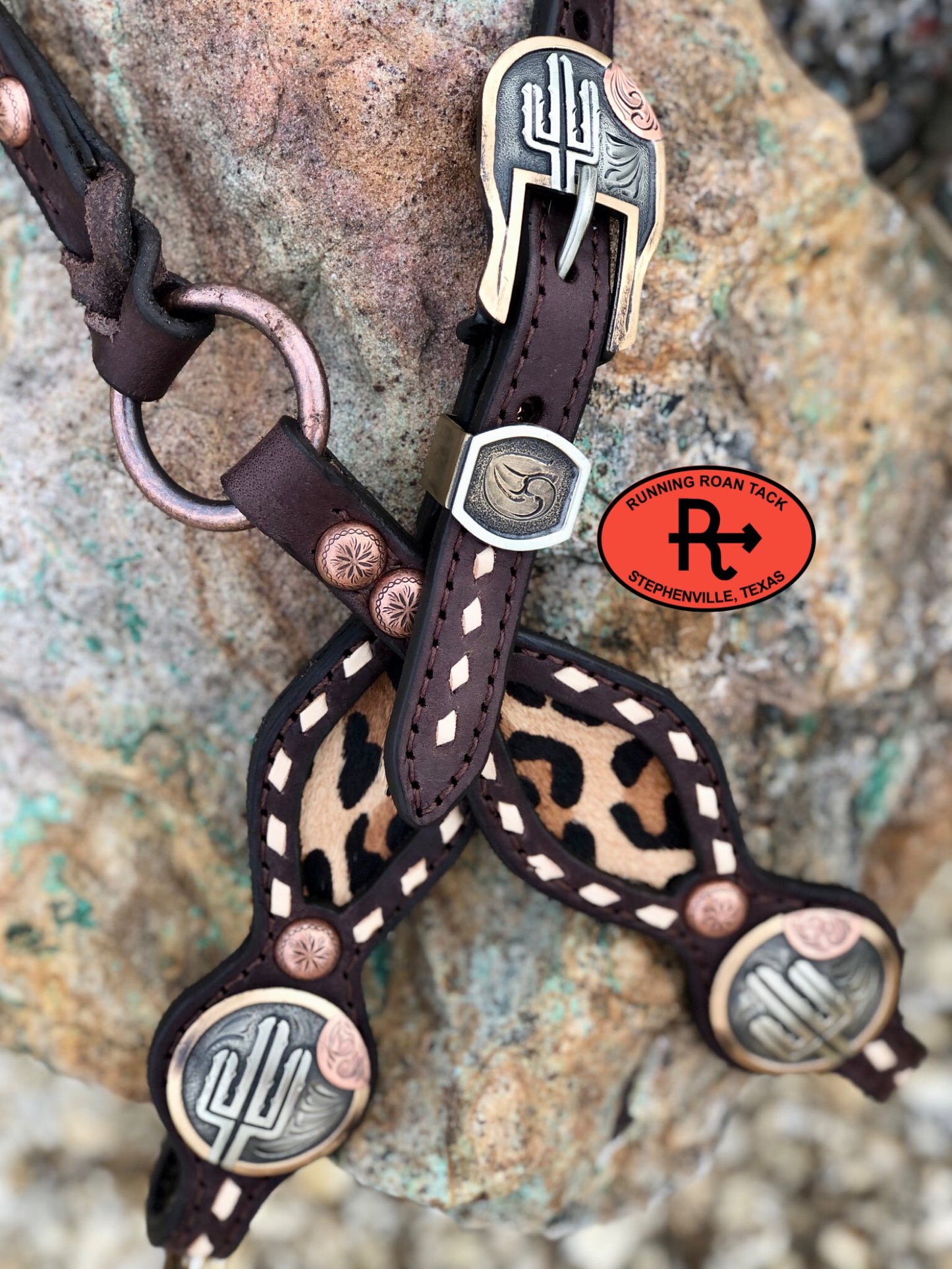 Inlaid Leopard Headstall with White Buckstitch and German Silver Hardware 34"-38" Headstall09012025-11