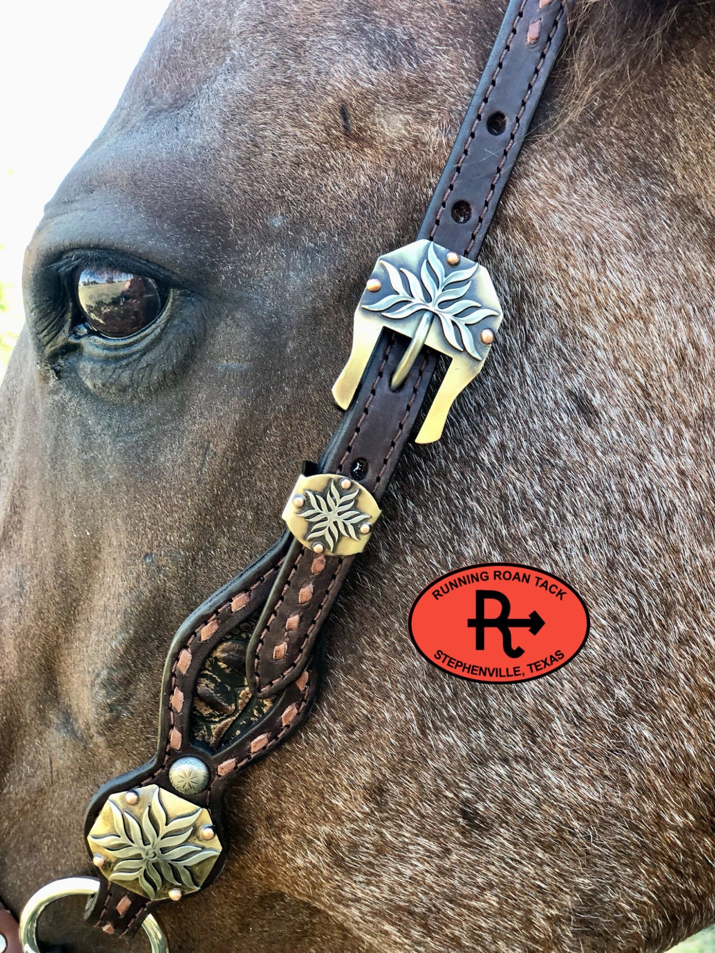 Inlaid Dark Brown Croc Headstall with Brown Buckstitch and German Silver Hardware 37"-41" Headstall09012025-06
