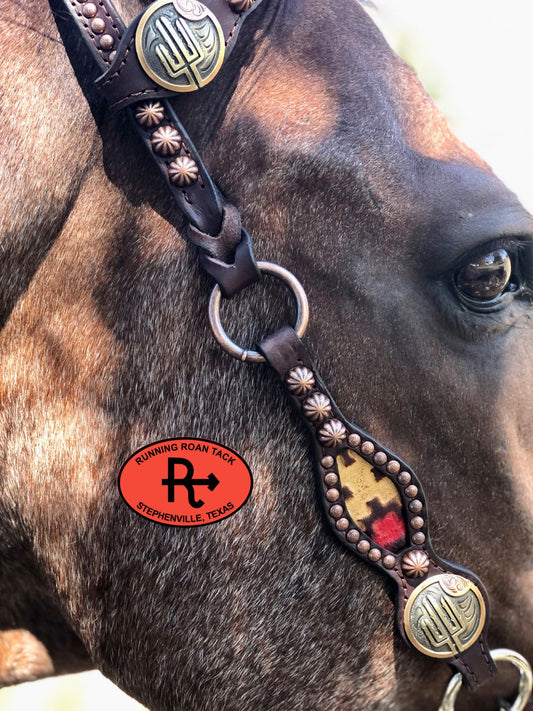 Inlaid Navajo Print Headstall with German Silver Cactus Hardware 34"-38" Headstall09012025-13