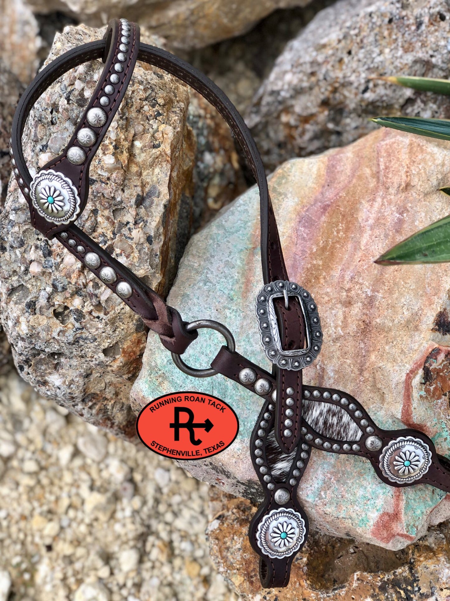 Inlaid Cowhide Headstall with Antique Silver Santa Fe Hardware 35"-39" Headstall09012025-09