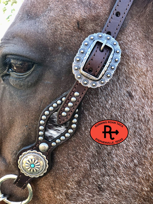 Inlaid Cowhide Headstall with Antique Silver Santa Fe Hardware 35"-39" Headstall09012025-09