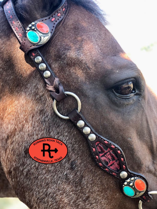 Inlaid Red Croc Headstall with Red Buckstitch and German Silver Hardware 37"-41" Headstall09012025-05