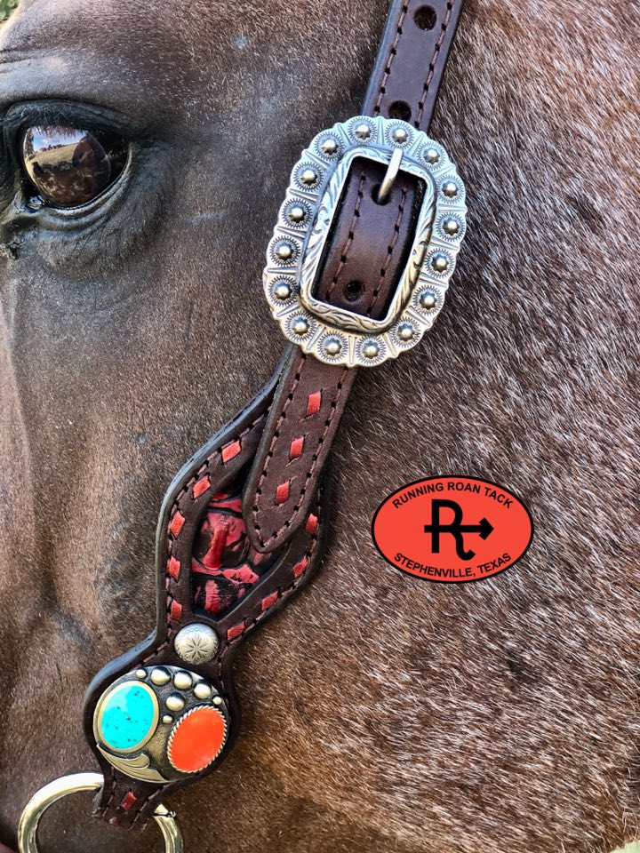 Inlaid Red Croc Headstall with Red Buckstitch and German Silver Hardware 37"-41" Headstall09012025-05