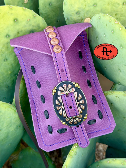 Purple Leather Mini Saddle Bag with Black Pop Stitch and Daisy Buckle for Phone, Keys, Roping Powder, etc Minibag09072026-25