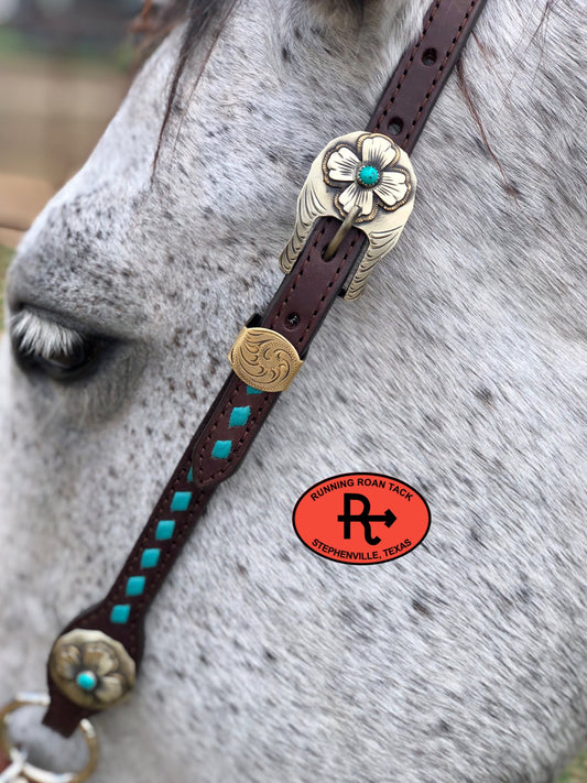 Turquoise Buckstitch Single Ear Headstall with German Silver Hardware 37"-41" Headstall10062025-03