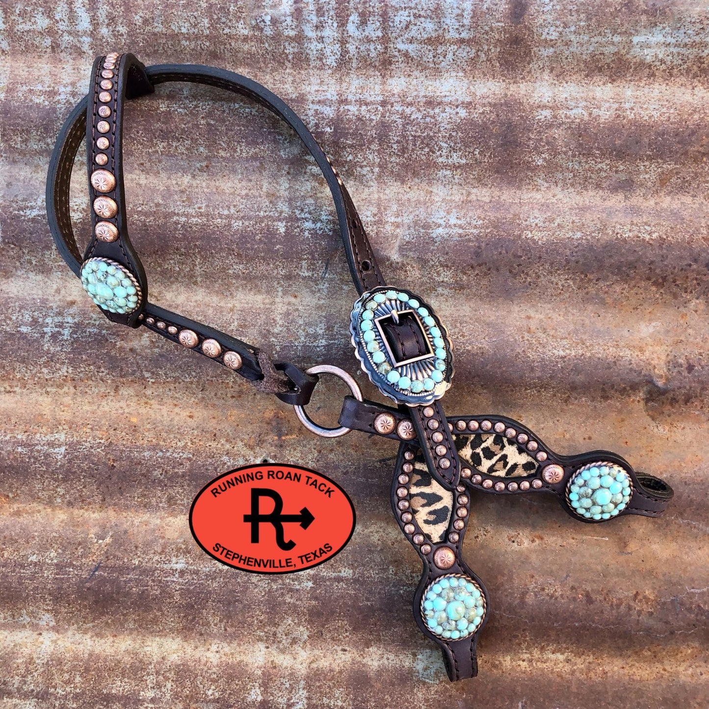 Inlaid Leopard Headstall with Turquoise Stone Hardware 36"-40" Headstall10062025-11