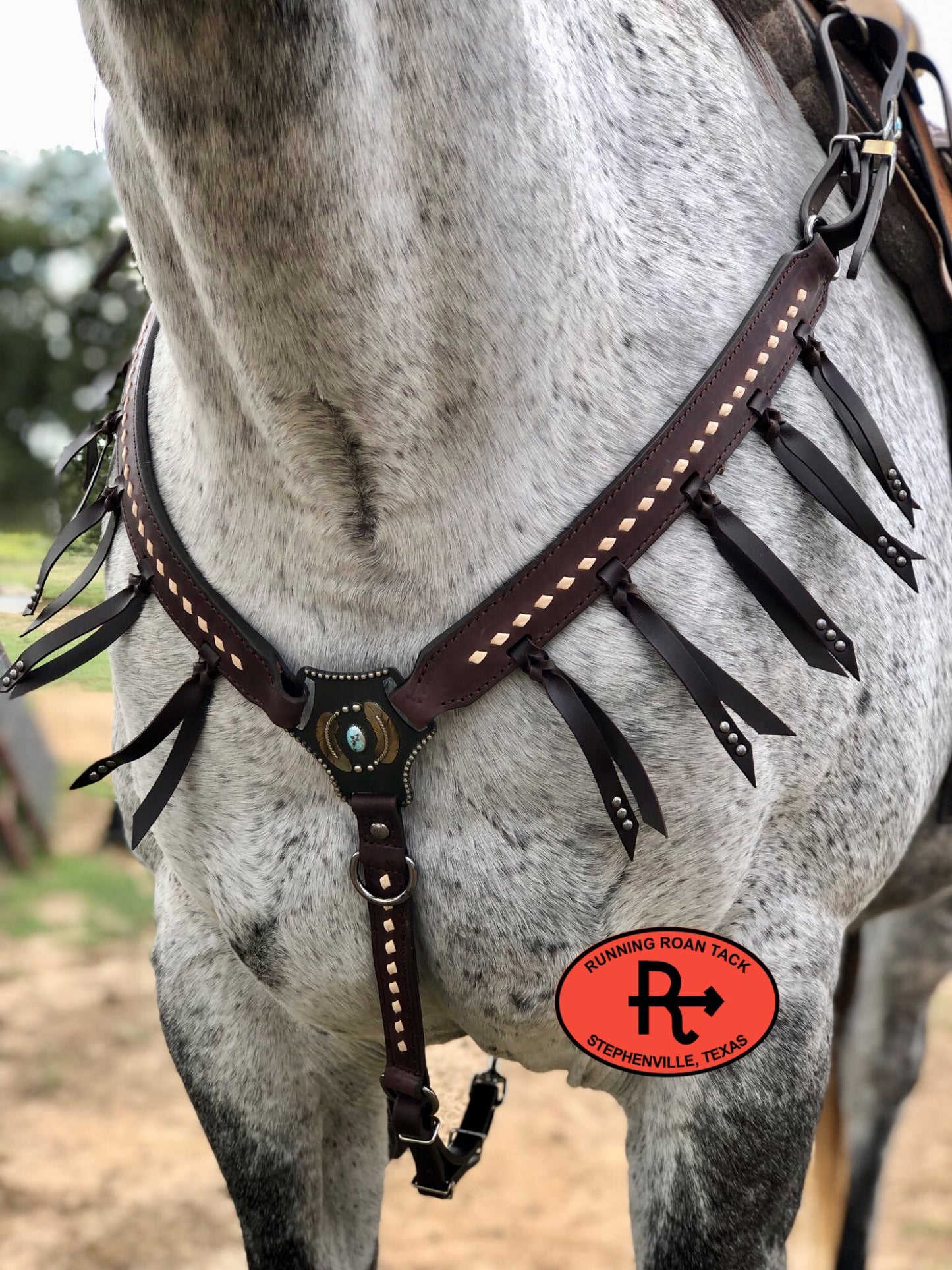 White Buckstitch Breast Collar with Tied Fringe and German Silver Hardware Breastcollar10062025-01