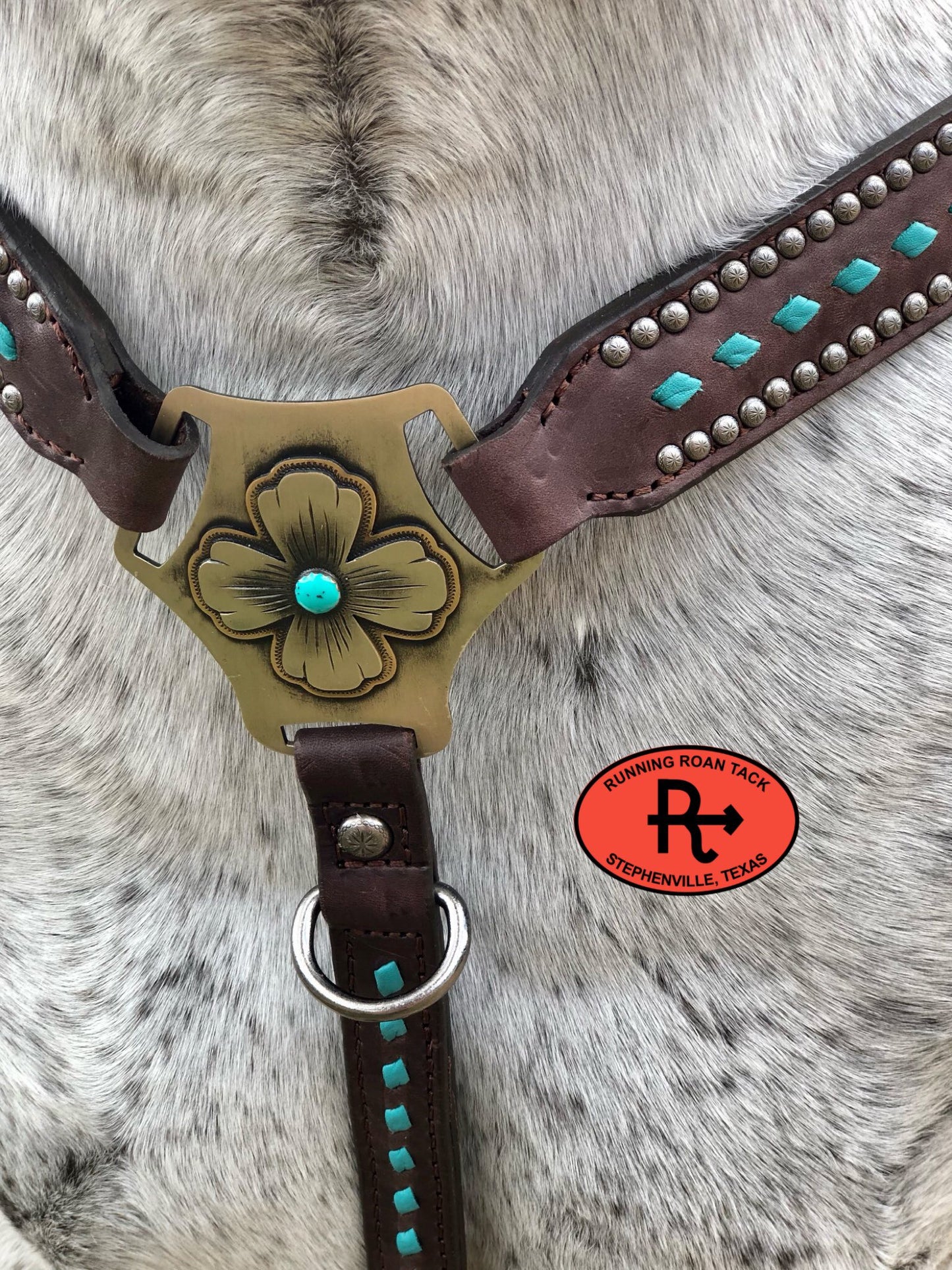 Turquoise Buckstitch Breast Collar with German Silver Hardware Breastcollar10062025-03