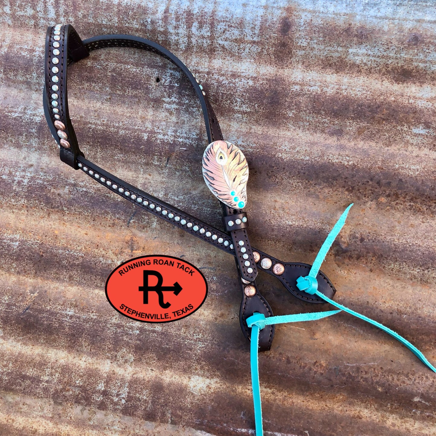 Single Ear Headstall with Copper Dots and Peacock Feather Buckle 35"-39" Headstall10062025-09