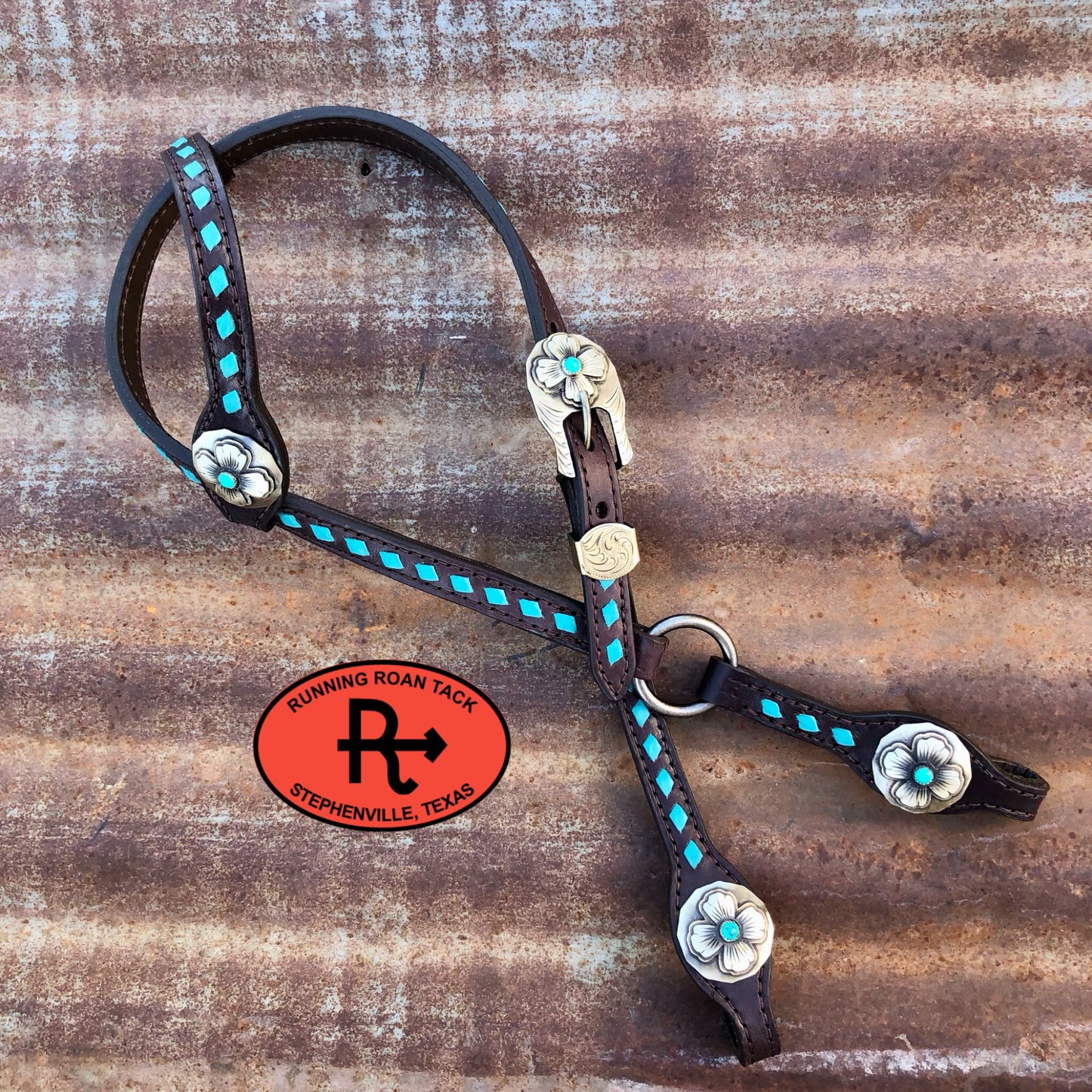 Turquoise Buckstitch Single Ear Headstall with German Silver Hardware 37"-41" Headstall10062025-03