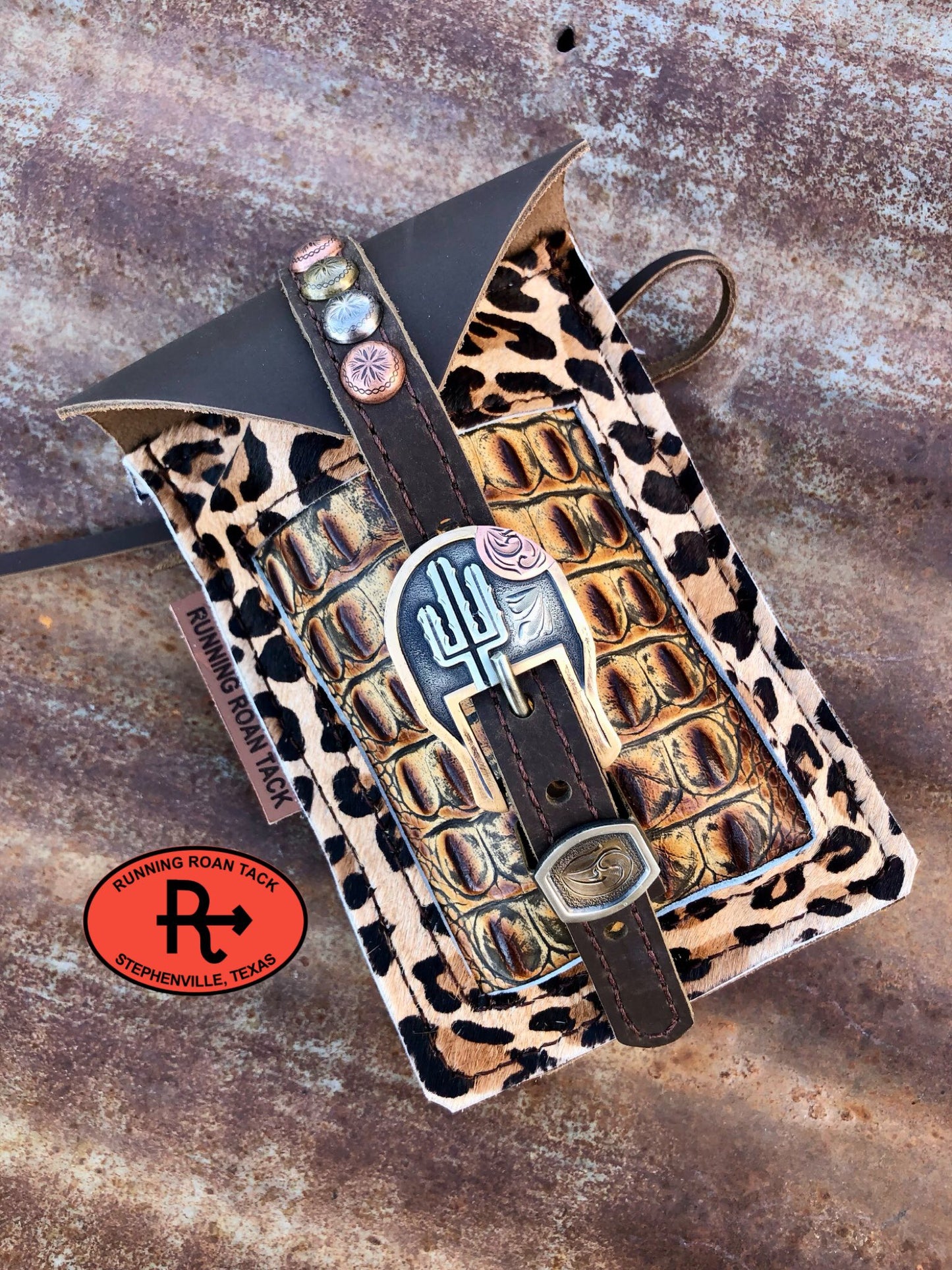 Leopard and Croc Mini Saddle Bag with German Silver Buckle for Phone, Keys, Roping Powder, etc Minibag10062025-03