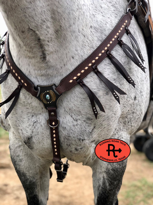 White Buckstitch Breast Collar with Tied Fringe and German Silver Hardware Breastcollar10062025-01