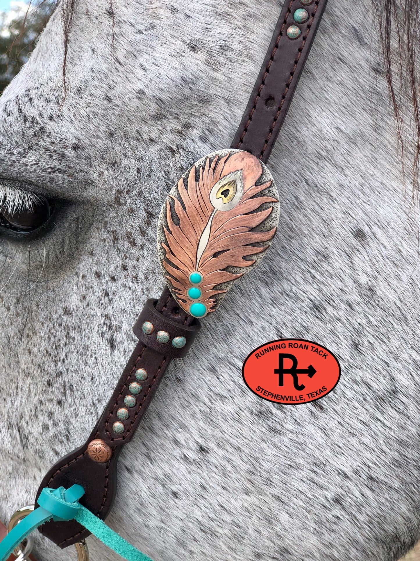 Single Ear Headstall with Copper Dots and Peacock Feather Buckle 35"-39" Headstall10062025-09