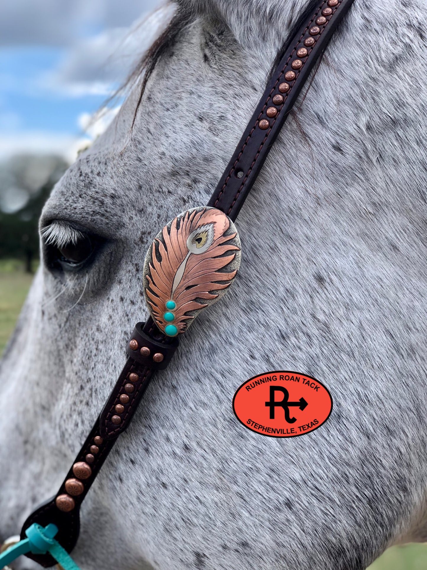 Single Ear Headstall with Copper Dots and Peacock Feather Buckle 37"-41" Headstall10062025-08