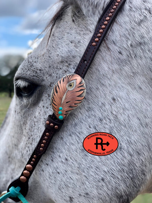 Single Ear Headstall with Copper Dots and Peacock Feather Buckle 37"-41" Headstall10062025-08