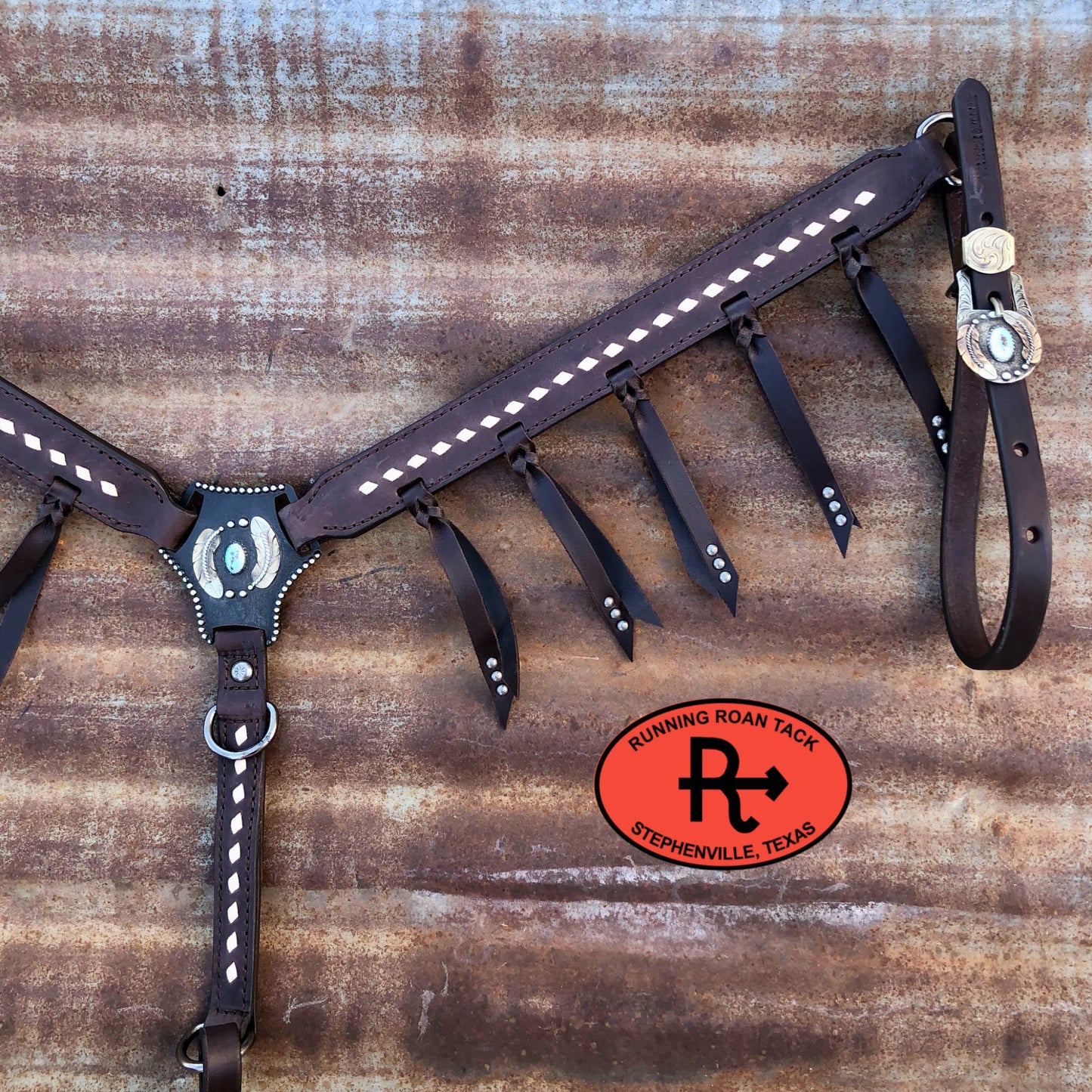 White Buckstitch Breast Collar with Tied Fringe and German Silver Hardware Breastcollar10062025-01