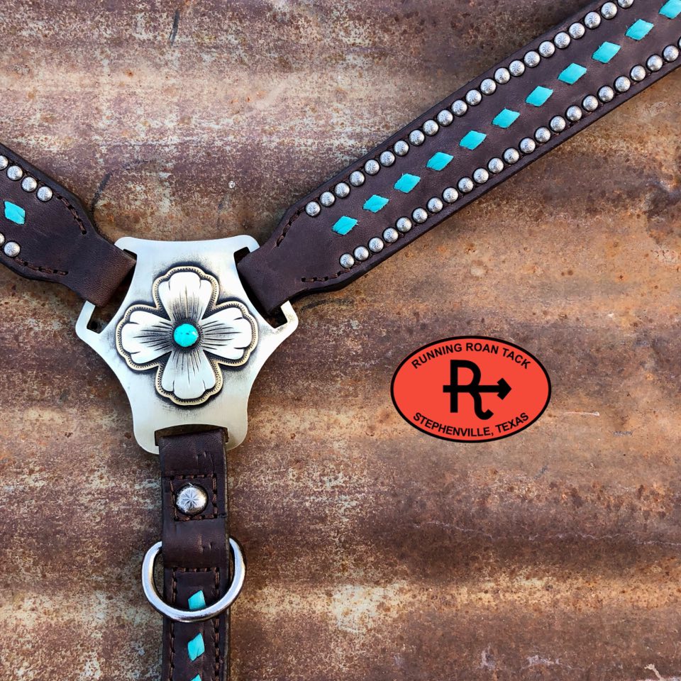 Turquoise Buckstitch Breast Collar with German Silver Hardware Breastcollar10062025-03