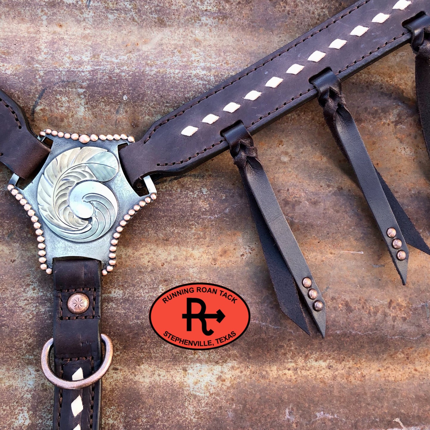 White Buckstitch Breast Collar with Tied Fringe and German Silver Hardware Breastcollar10062025-02