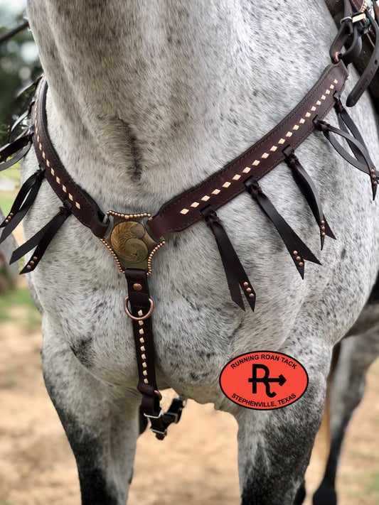 White Buckstitch Breast Collar with Tied Fringe and German Silver Hardware Breastcollar10062025-02