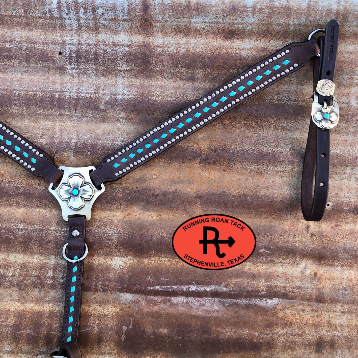 Turquoise Buckstitch Breast Collar with German Silver Hardware Breastcollar10062025-03