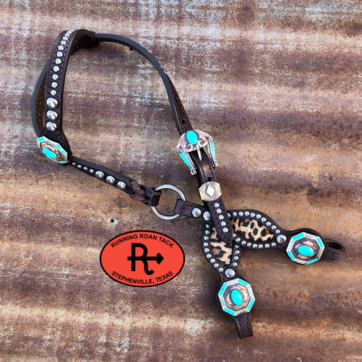 Inlaid Leopard Headstall with German Silver Hardware 34"-38" Headstall10062025-10