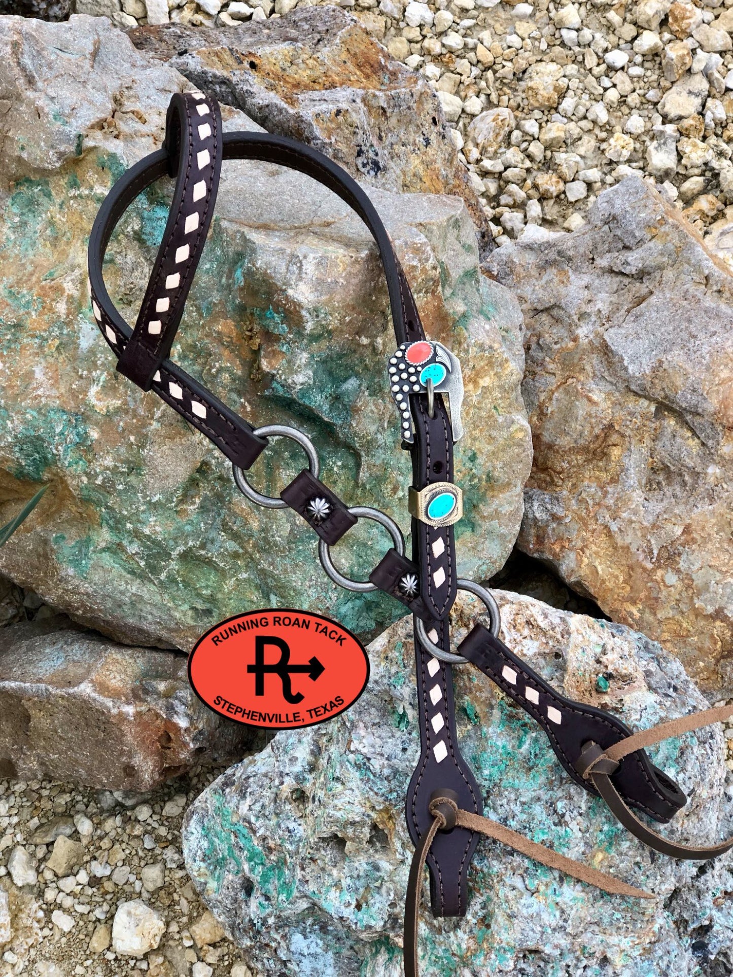 Single Ear Ring Headstall with White Buckstitch and German Silver Buckle 36"-40" Headstall11032025-06